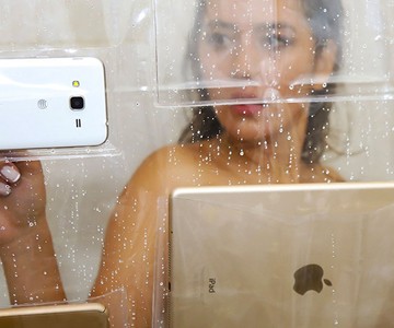 Clear Shower Curtain with Phone & Tablet Pockets