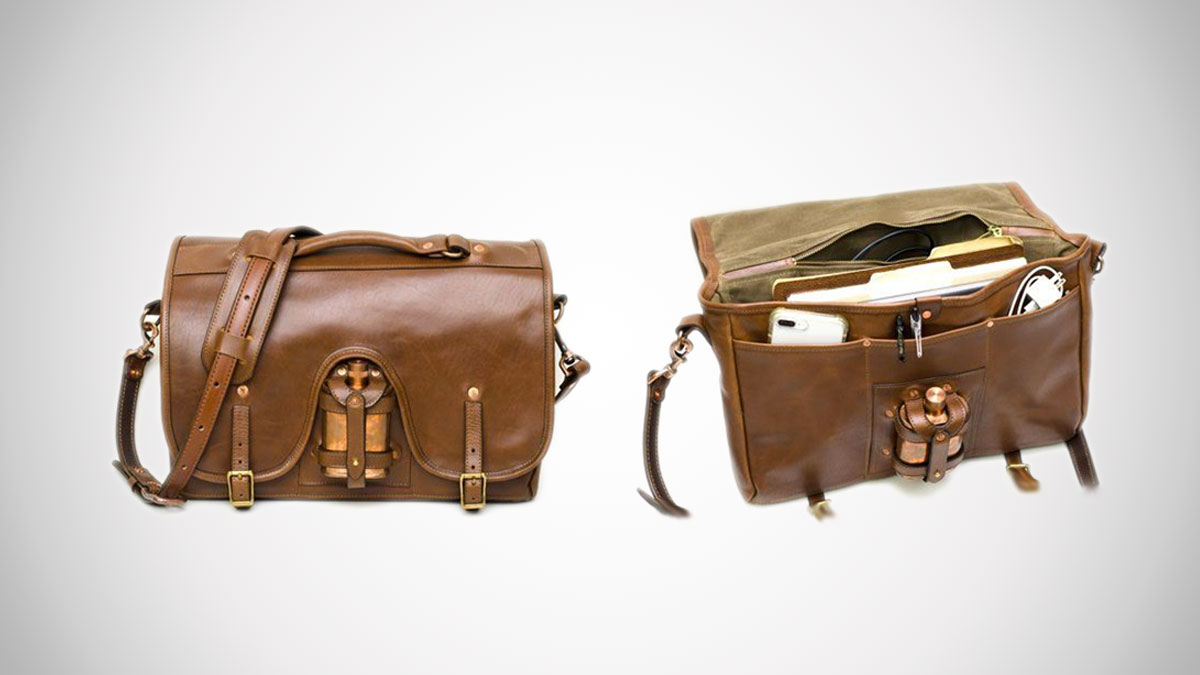 Jacob Bromwell Leather Messenger Bag with Flask Holder Jacob Bromwell Leather Messenger Bag with Flask Holder