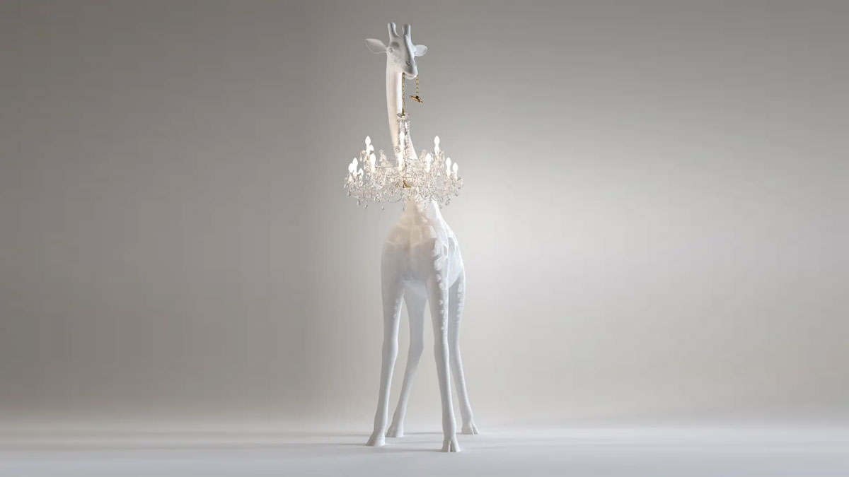 Life-Size Baby Giraffe Holding a Chandelier Light