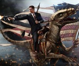 Ronald Reagan Riding a Velociraptor Print