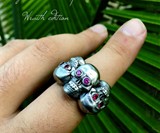Solid Gold Three Skull Ring with Diamond Eyes