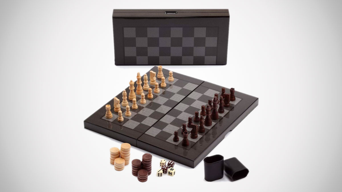 Carbon Fiber Folding Chess, Checkers & Backgammon Set