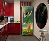 Girl Sloshing OJ Fridge Skin Magnet Installed in Kitchen